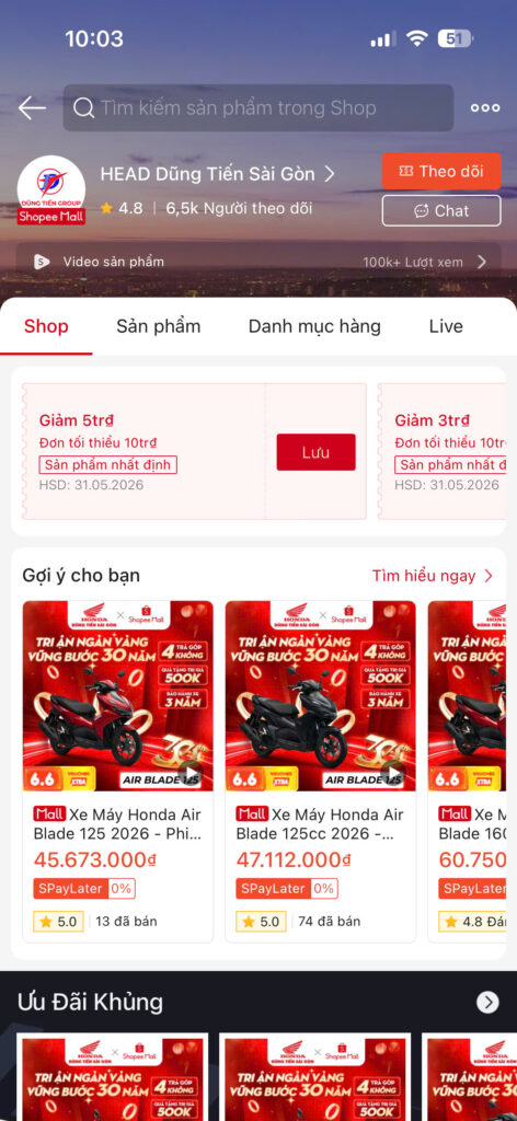 Truy Cập Gian Hàng Shopee HEAD Dũng Tiến Sài Gòn